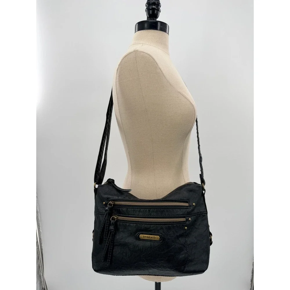 Stone & Co Black Crossbody Bag Multi Zip Pocket Distressed Leather Boho